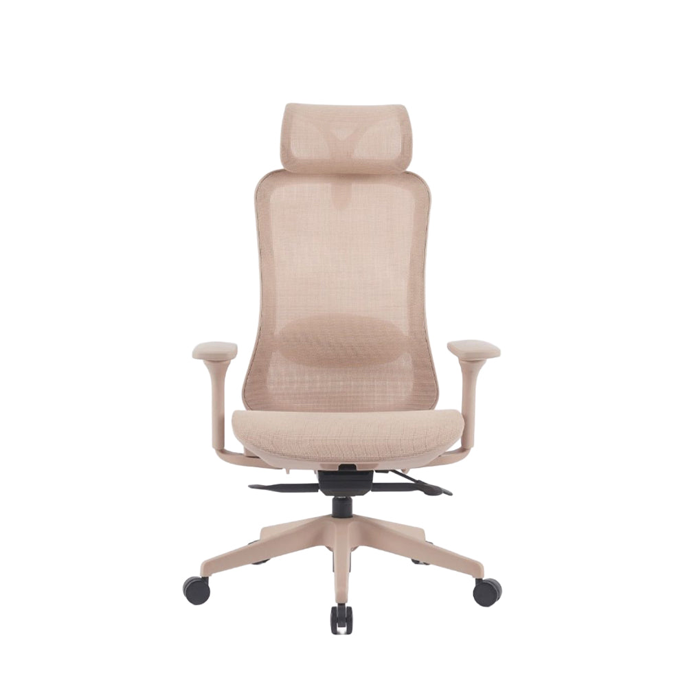 Beige leather office chair by Beacon with padded seat and backrest, stylish and ergonomic for office use.