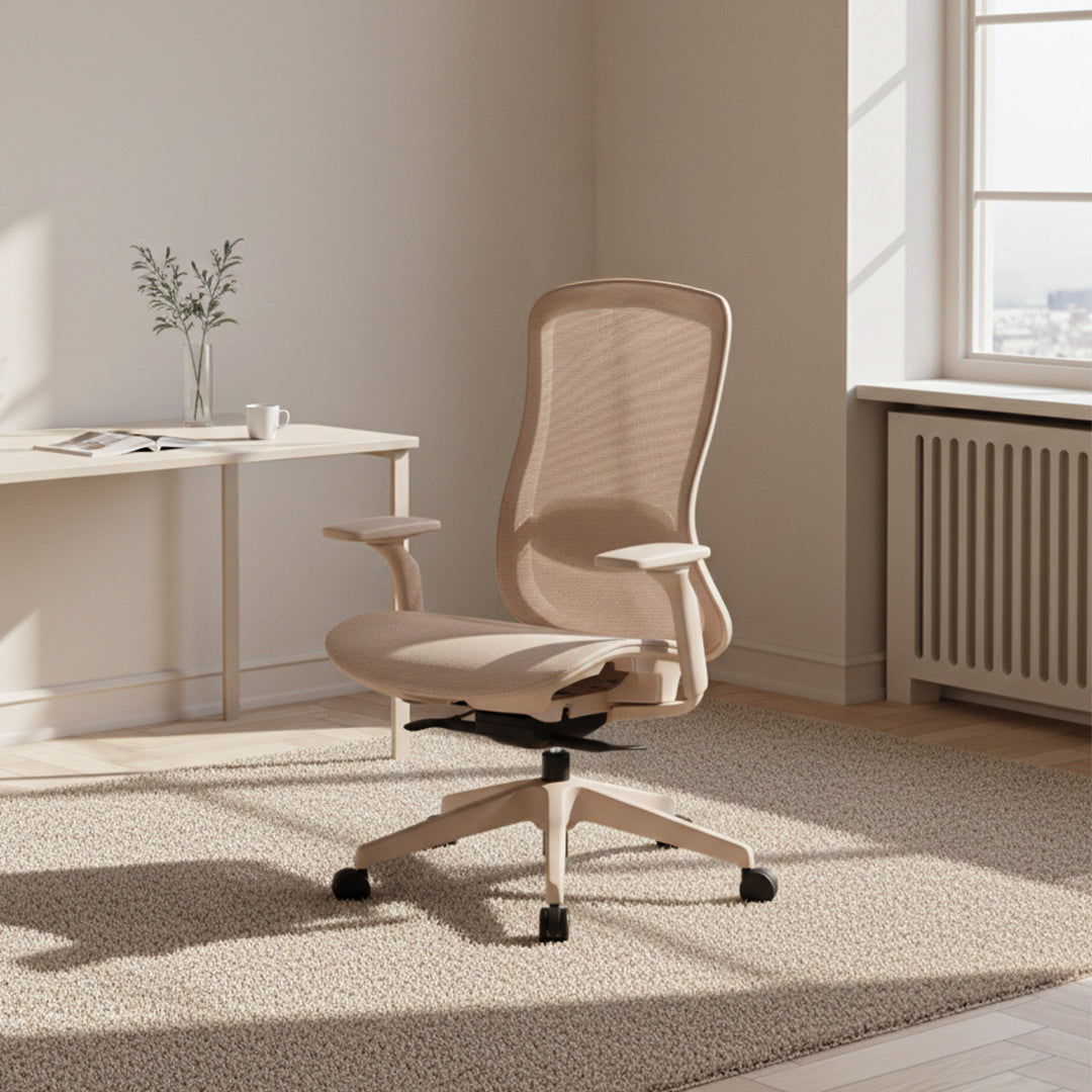 Beige leather office chair by Beacon, Holt model, with padded armrests and a sturdy base, designed for comfortable workspace seating.