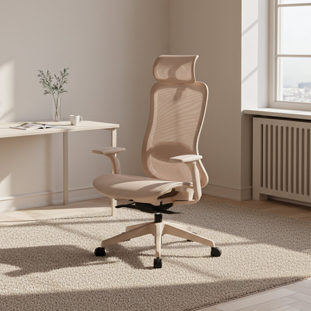 Beacon Holt beige leather office chair with padded armrests and high back for comfortable workspace seating.