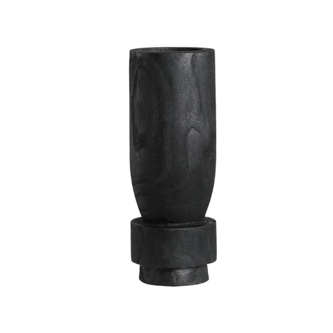 Black short Holy Grail Wooden Vase by BEACON, featuring a sleek, modern design perfect for contemporary home decor.