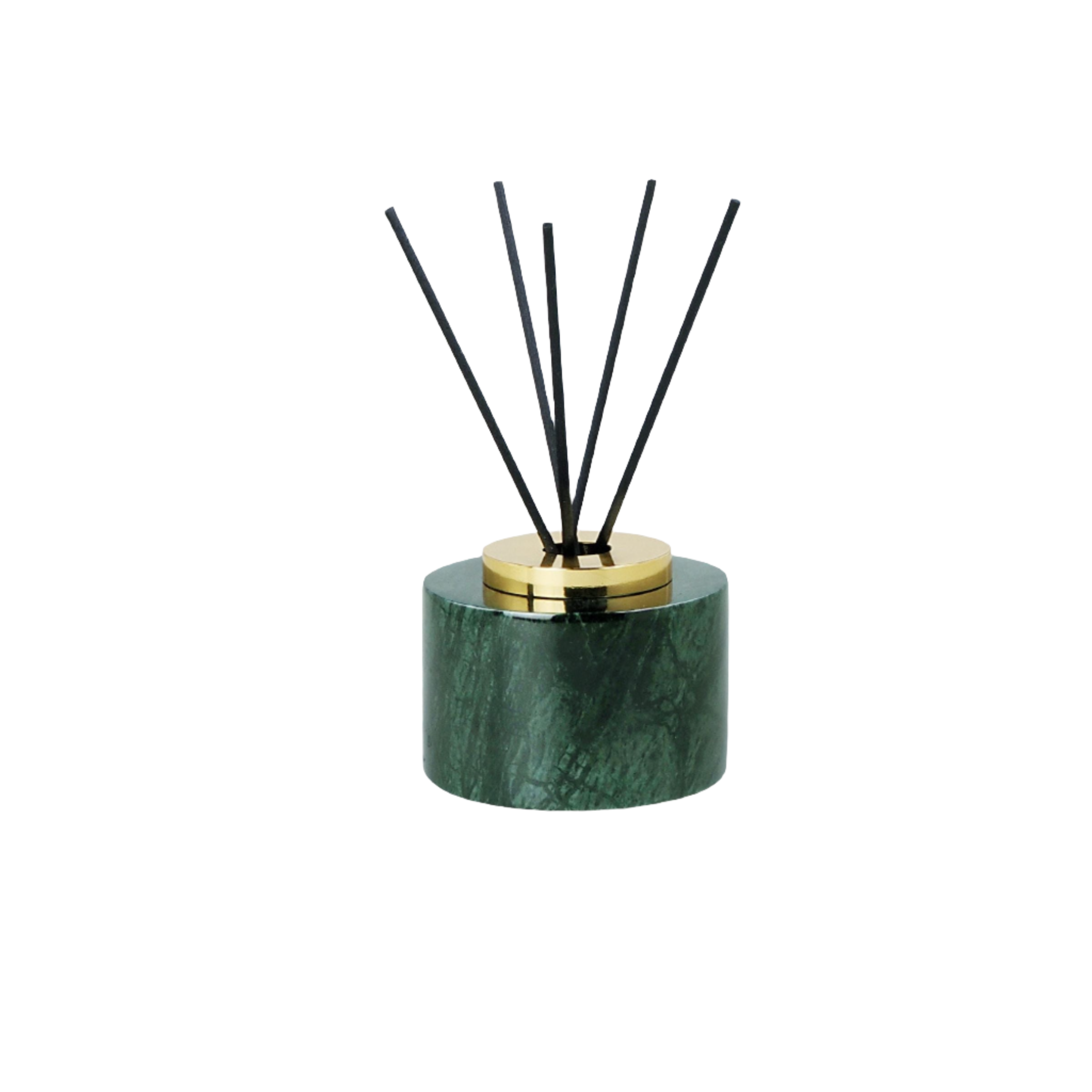 Indian green marble circular incense dispenser with bright gold accents, designed for stick diffusers, by BEACON.
