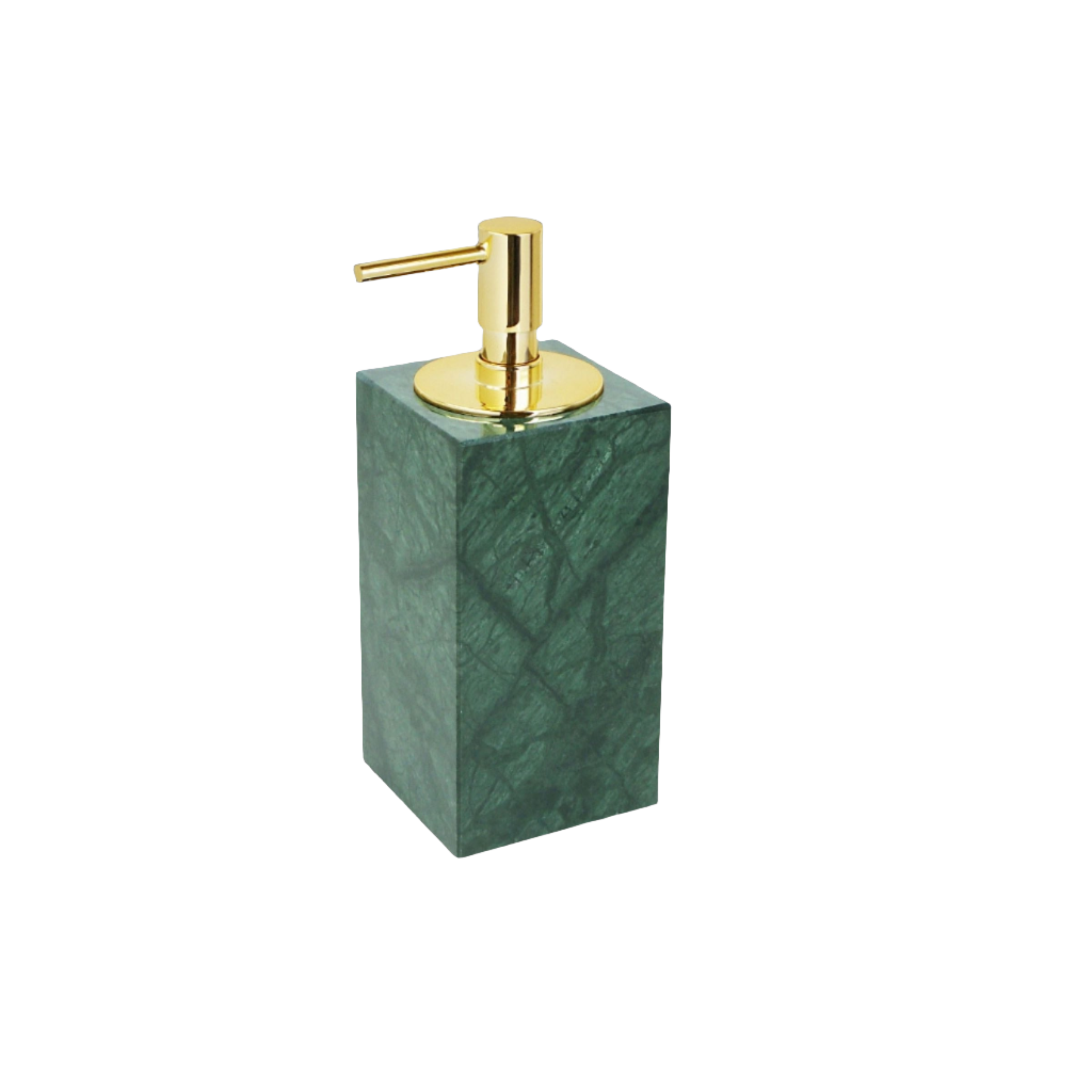Indian green marble square hand sanitizer bottle with bright gold nozzle, bathroom accessory by BEACON in LHDG SBK840-1 style.