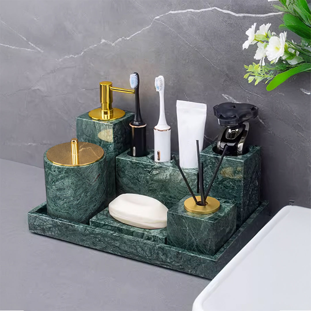 Indian green marble square hand sanitizer bottle with bright gold nozzle, part of BEACON bathroom accessories collection.