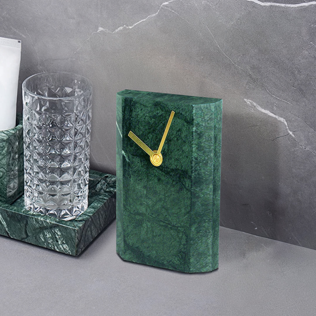 Indian green marble table clock with classic design by BEACON, featuring a polished finish and elegant craftsmanship.