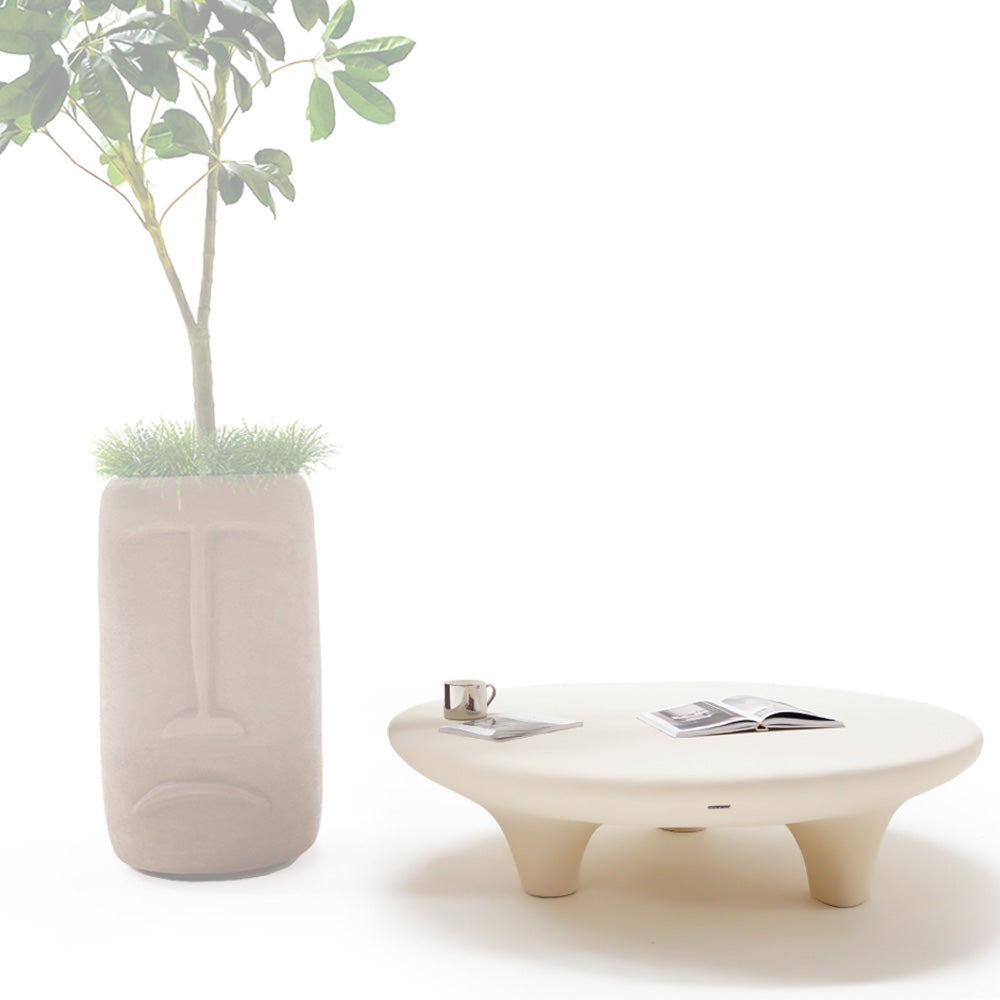 Beige indoor/outdoor coffee table with built-in planter boxes by BEACON, designed for versatile indoor and outdoor use.
