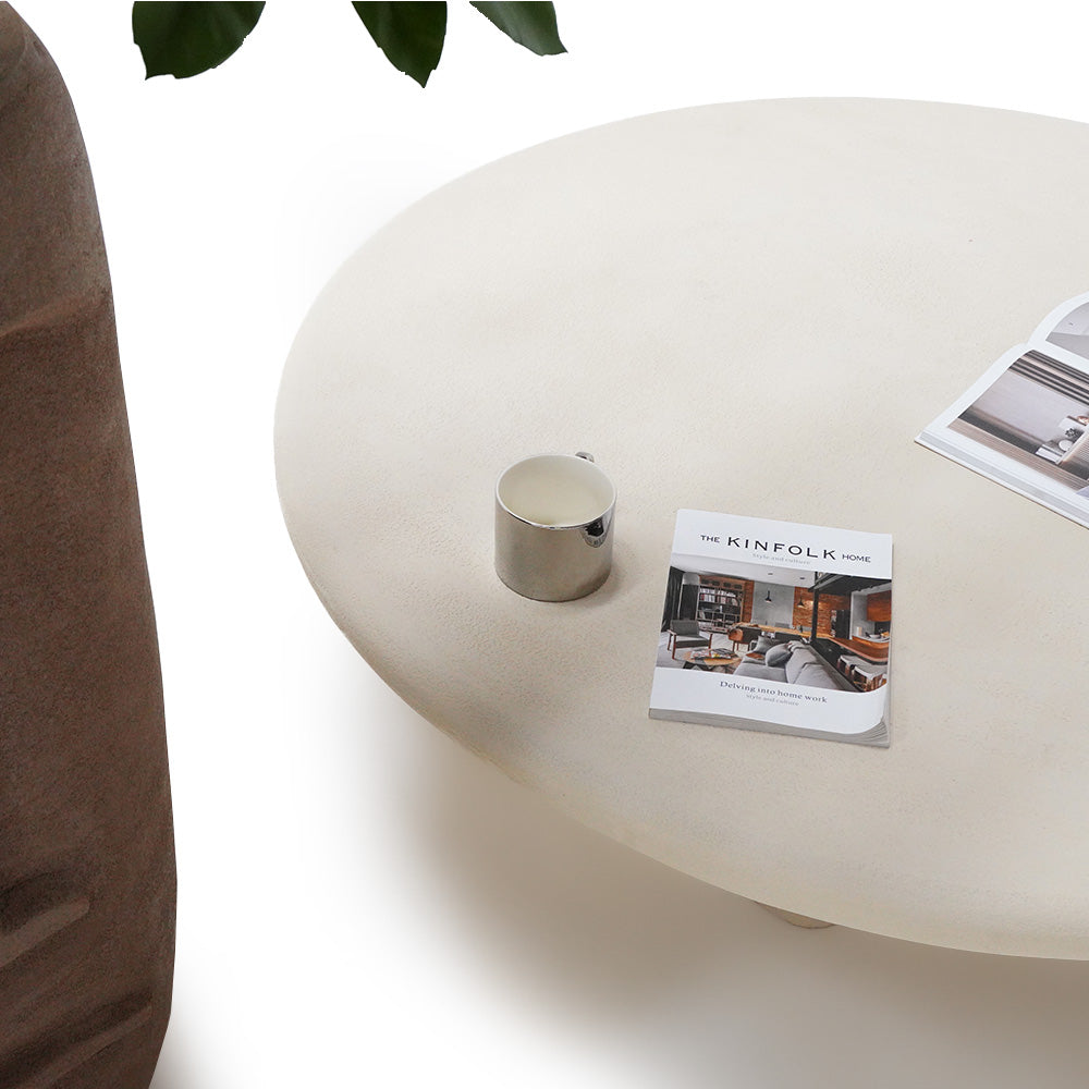 Beige indoor-outdoor coffee table with planter box design by BEACON, ideal for stylish outdoor and indoor spaces.