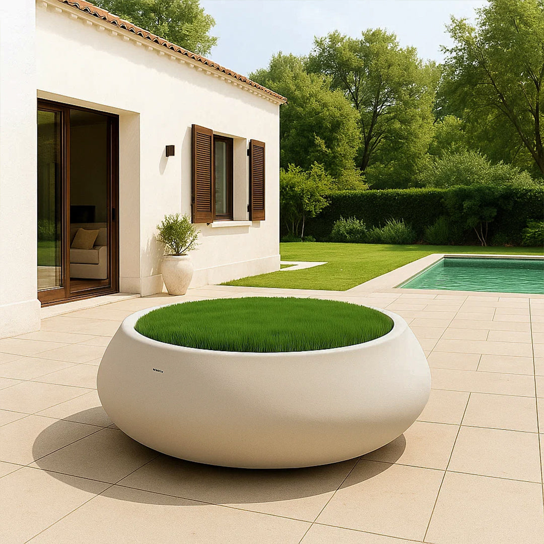 Beige indoor/outdoor planter box by BEACON, designed for plants, with a sturdy rectangular shape and smooth finish.