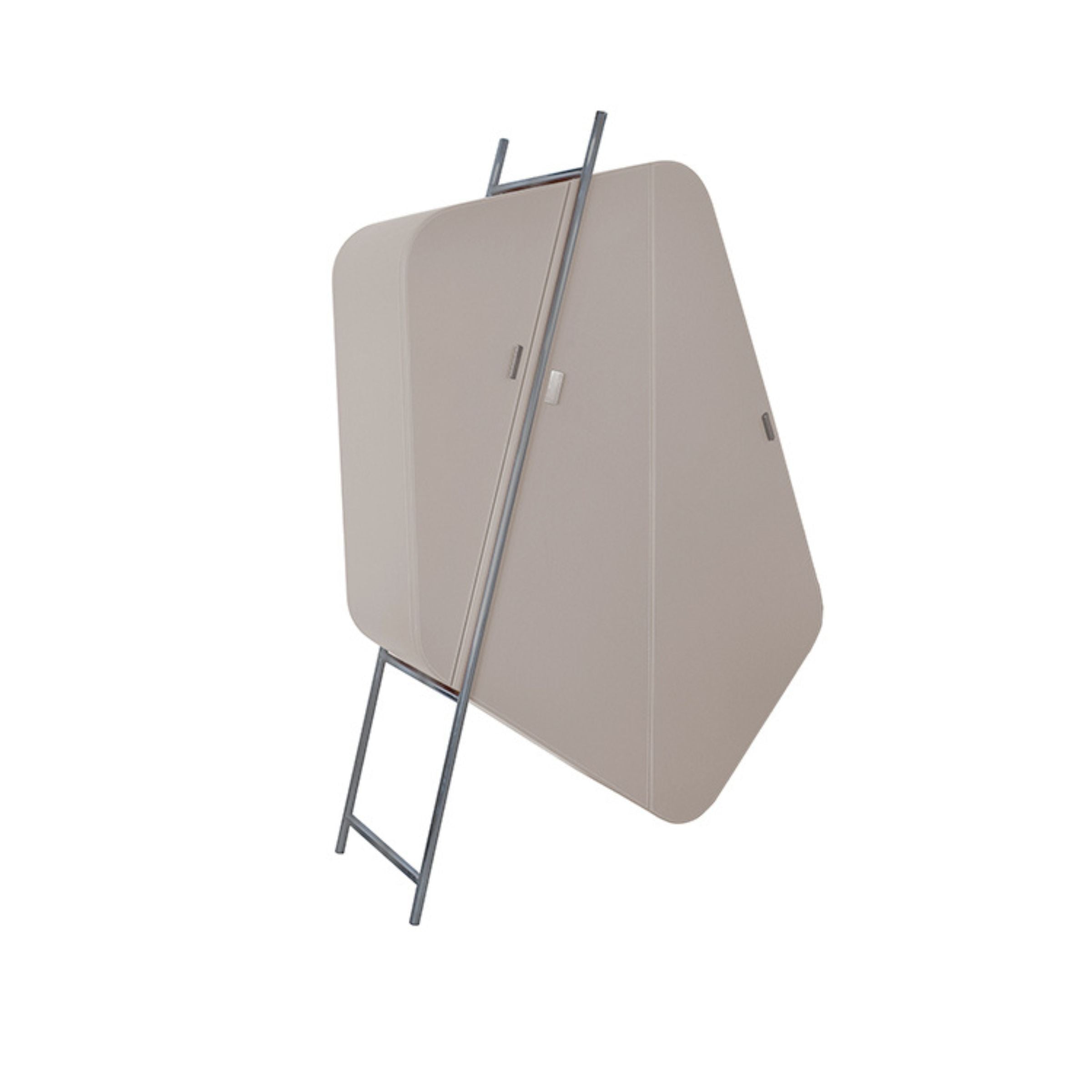 Irregular shape highboard sideboard unit with gray saddle leather and stainless steel accents, designed by BEACON.