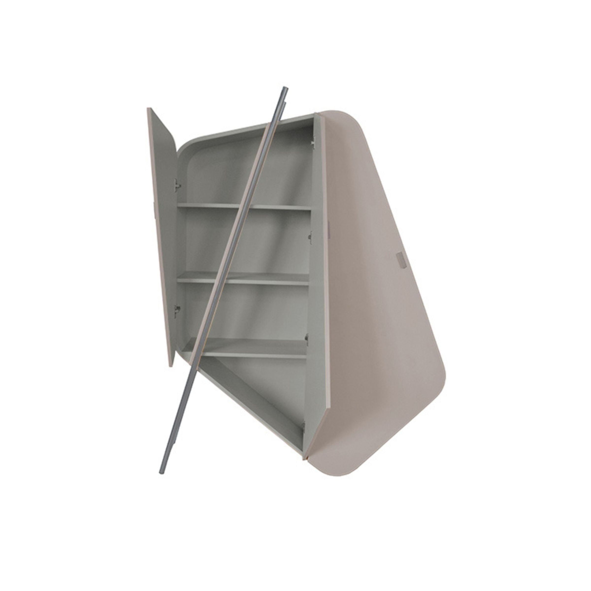 Irregular shape highboard sideboard in gray saddle leather and stainless steel by BEACON, modern cabinet with geometric design.