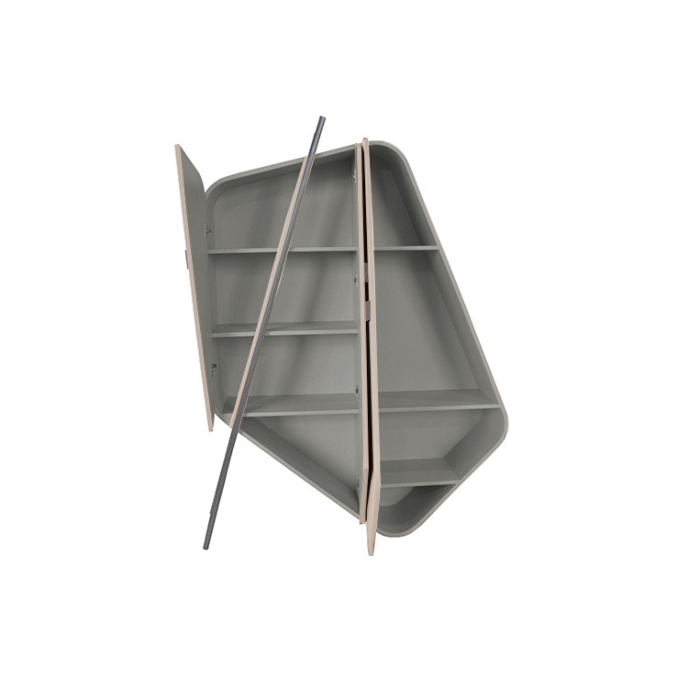 Irregular-shaped highboard or sideboard cabinet in gray saddle leather with stainless steel accents, modern design by BEACON.