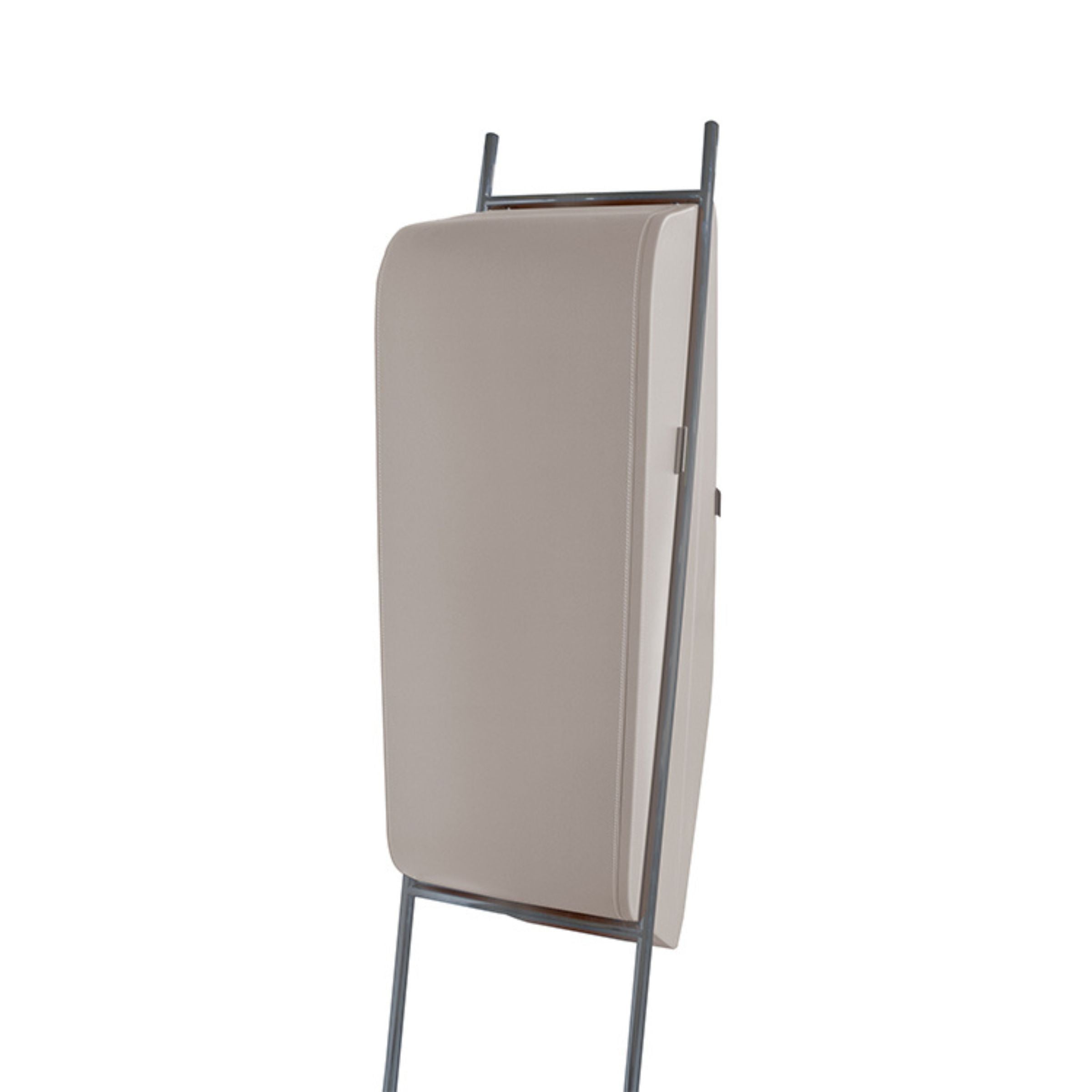 Irregular shape highboard sideboard unit with gray saddle leather and stainless steel accents, designed for modern living spaces.