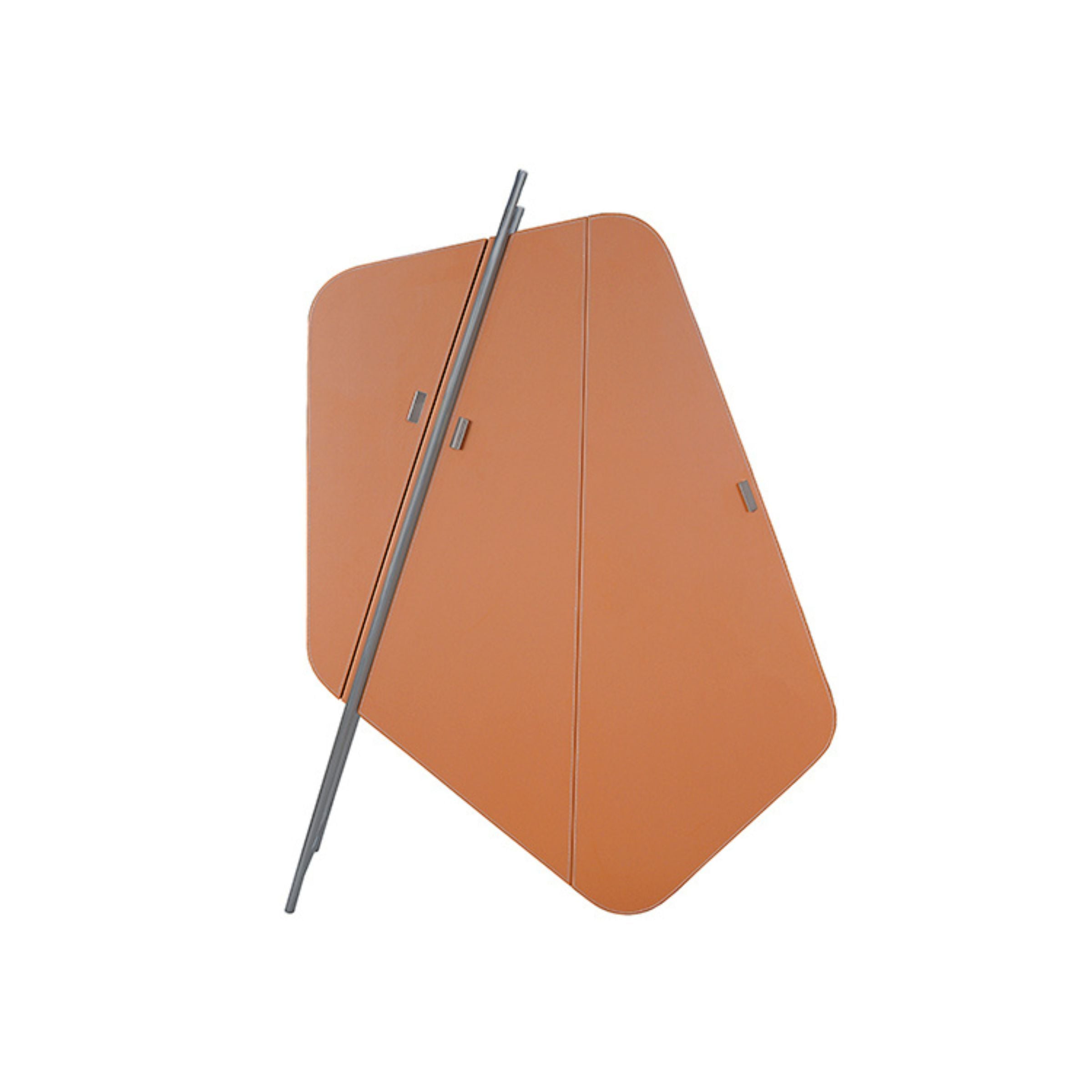 Irregularly shaped highboard sideboard by BEACON with orange saddle leather and stainless steel accents, modern cabinet design.