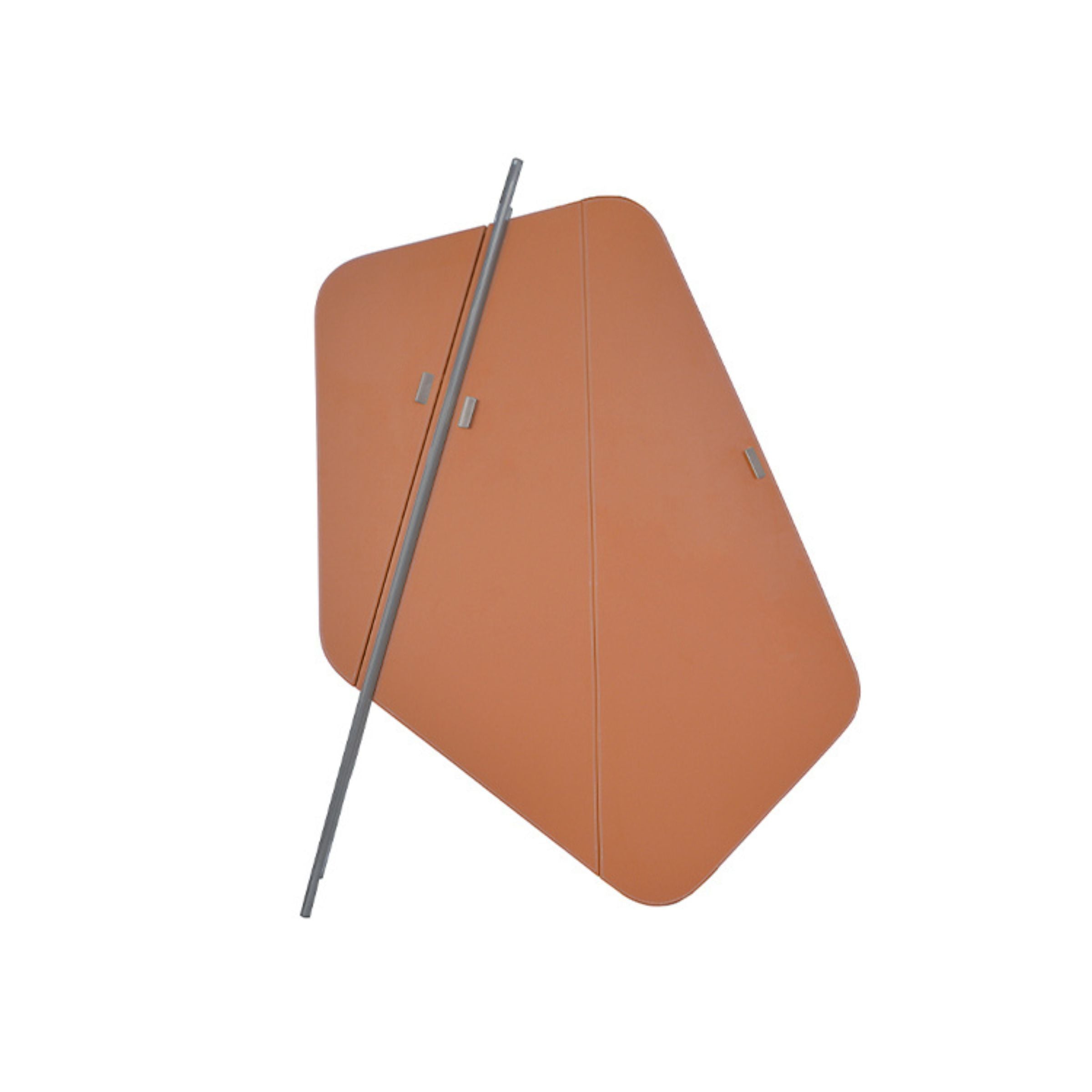 Irregular shape highboard sideboard by BEACON with orange saddle leather and stainless steel details, modern cabinet design.