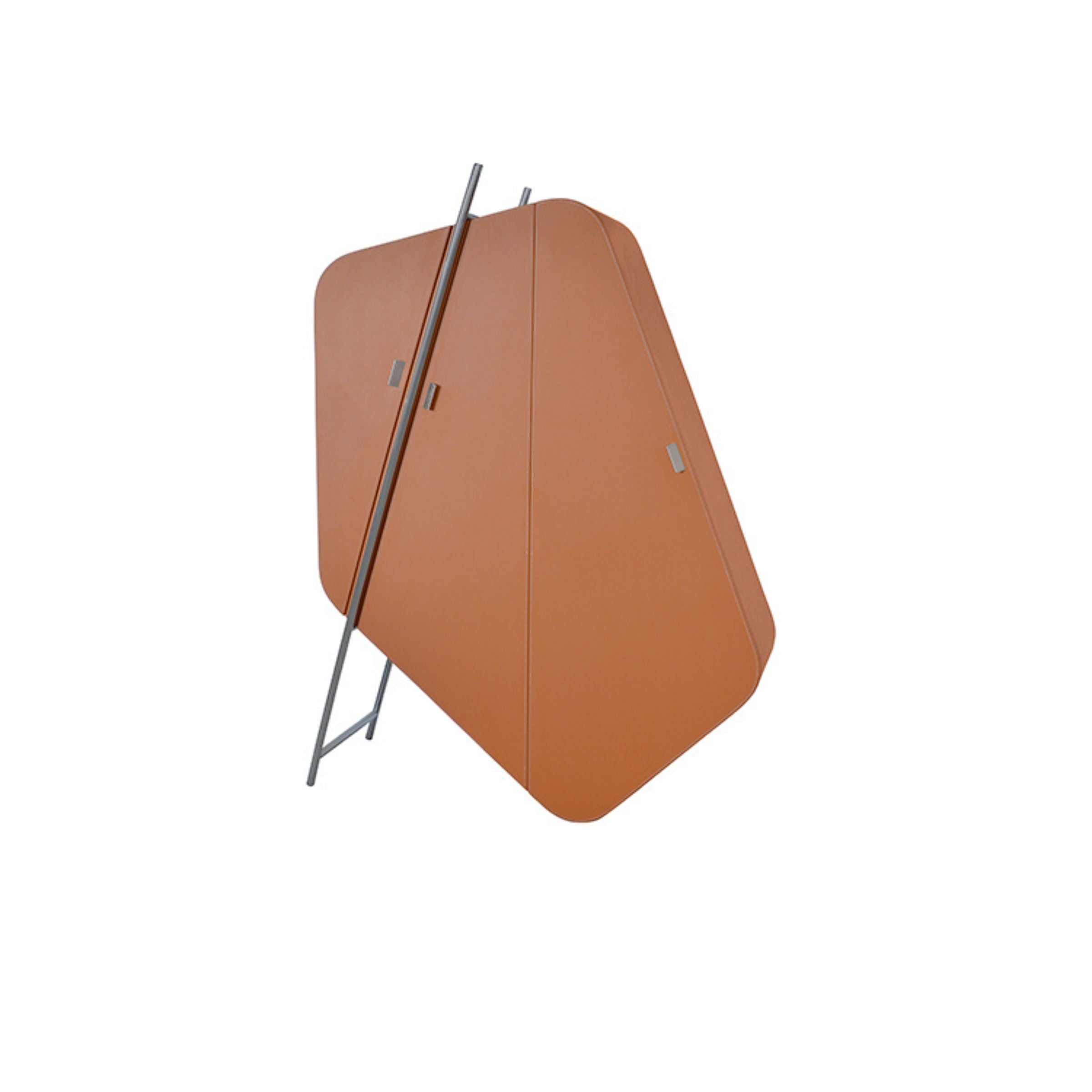 Irregular shape highboard sideboard unit in orange saddle leather and stainless steel, modern cabinet design by BEACON.