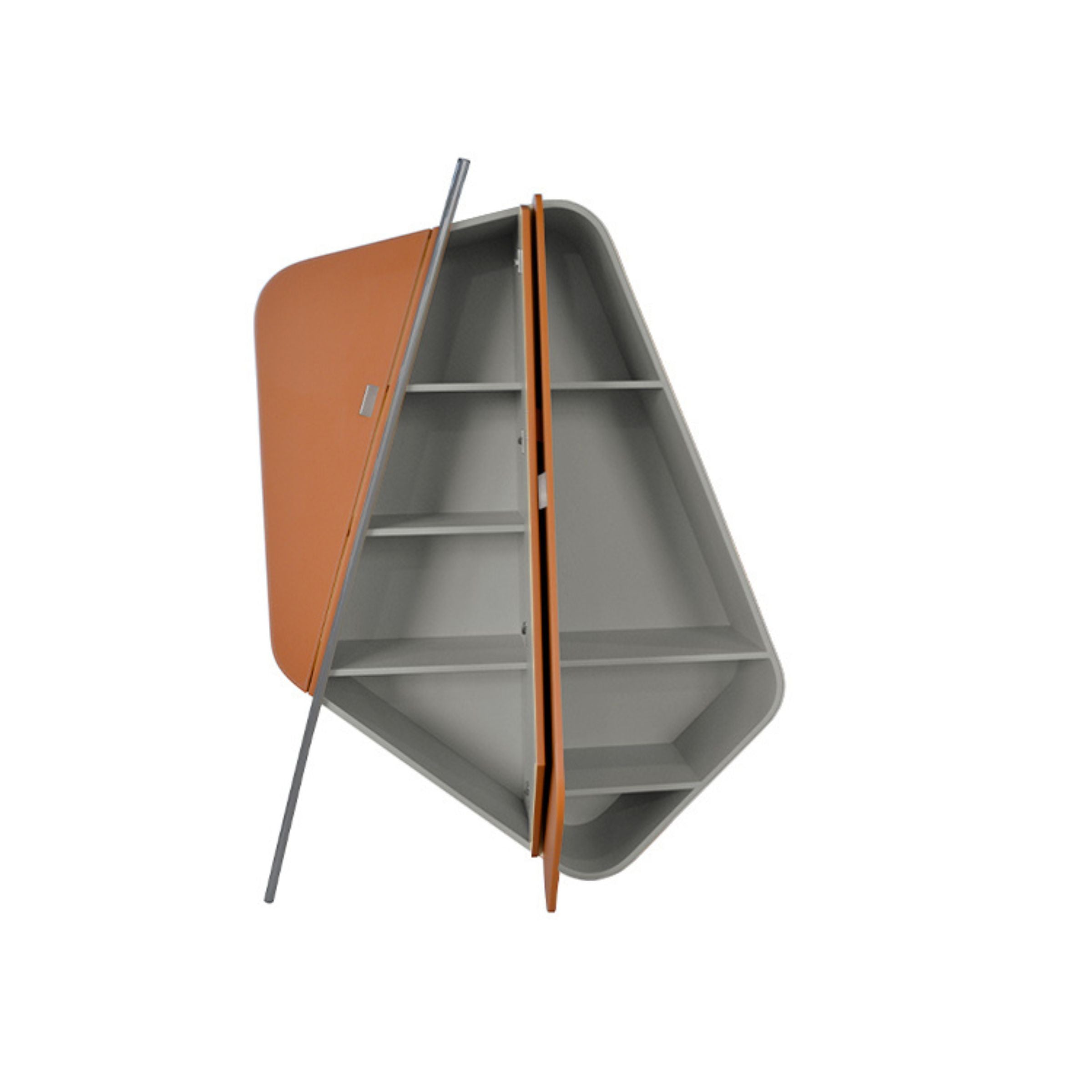 Irregular-shaped highboard sideboard by BEACON featuring orange saddle leather and stainless steel accents.