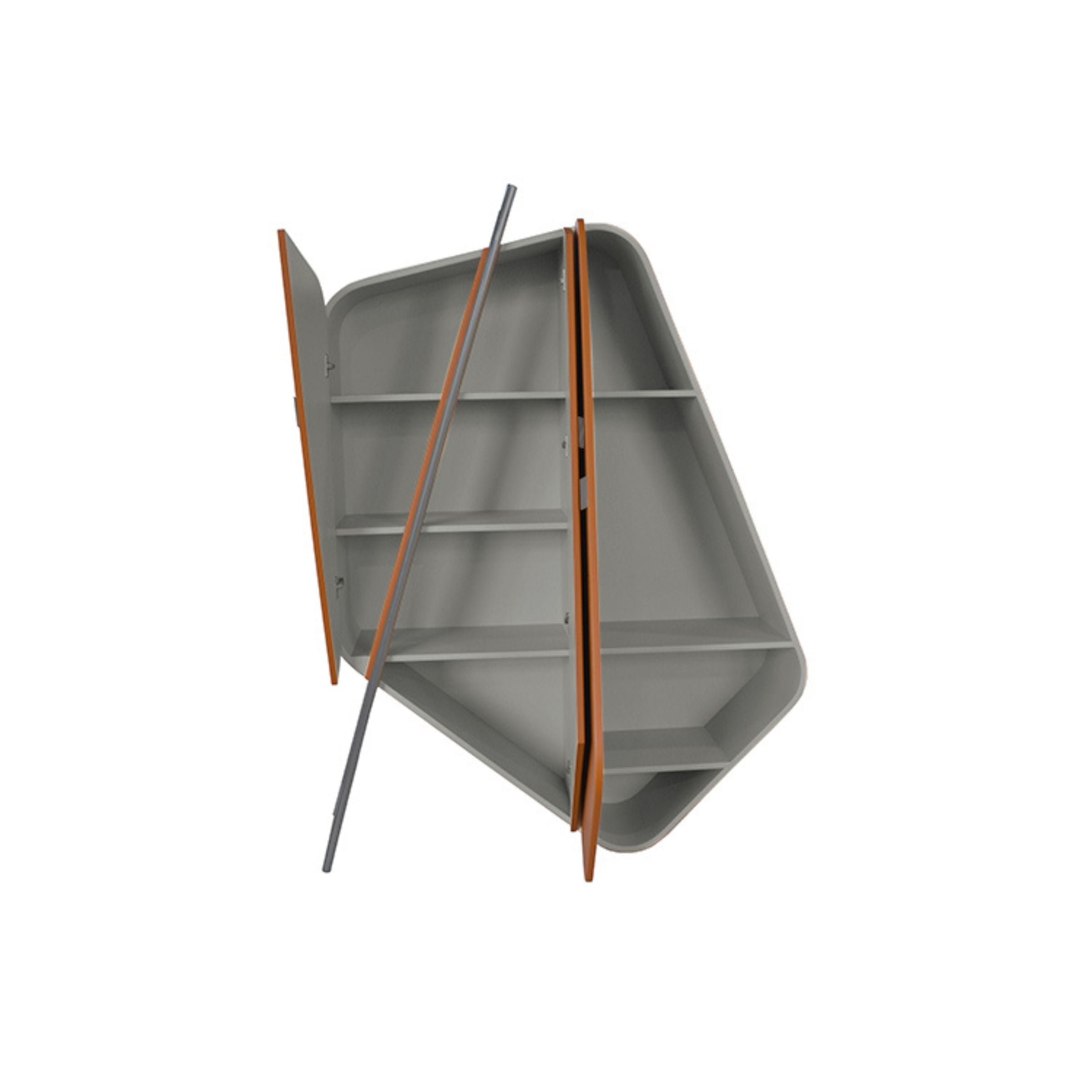 Irregular-shaped highboard sideboard by BEACON with orange saddle leather and stainless steel accents, modern cabinet design.