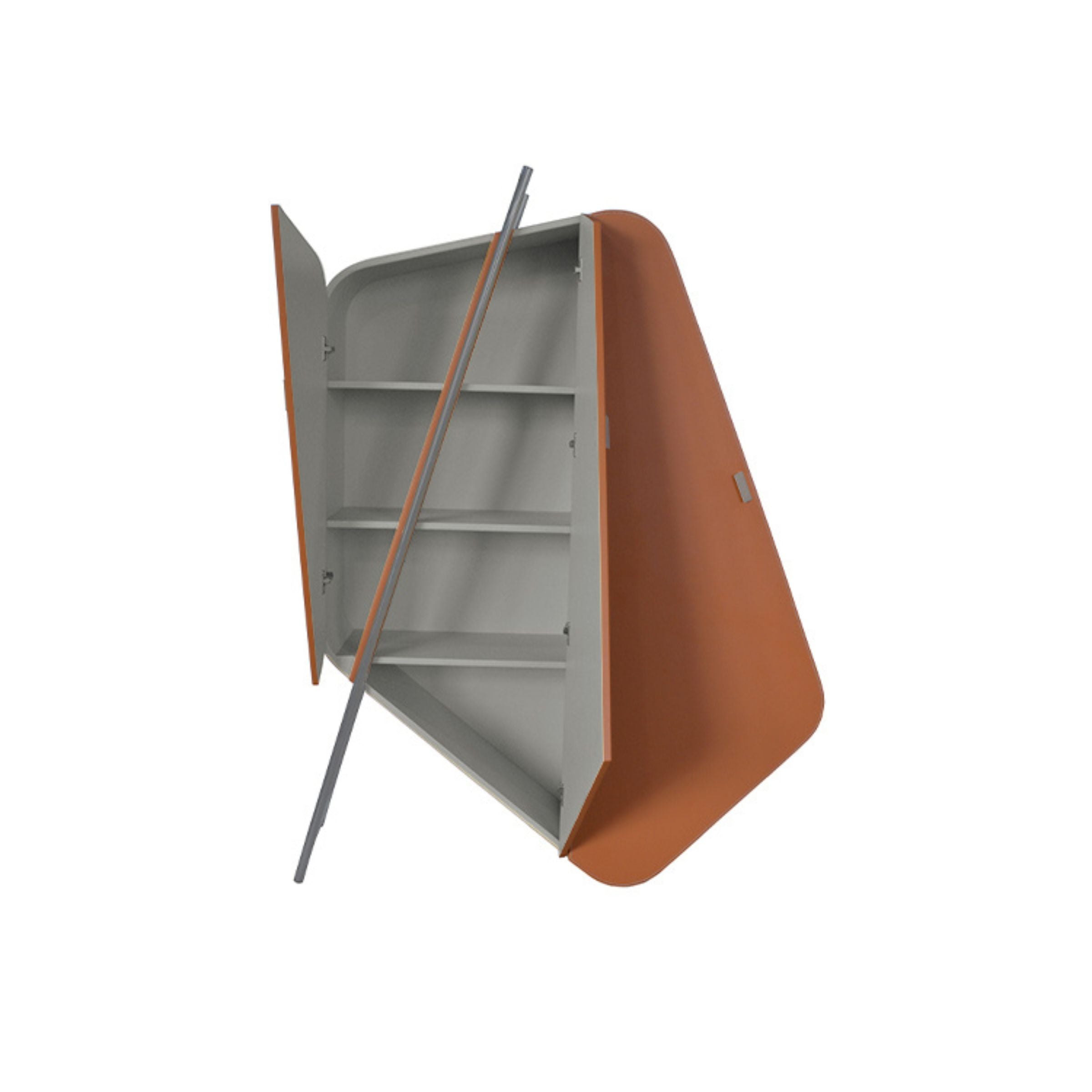 Irregular-shaped highboard sideboard by Beacon Mycroft with orange saddle leather and stainless steel accents, modern cabinet design