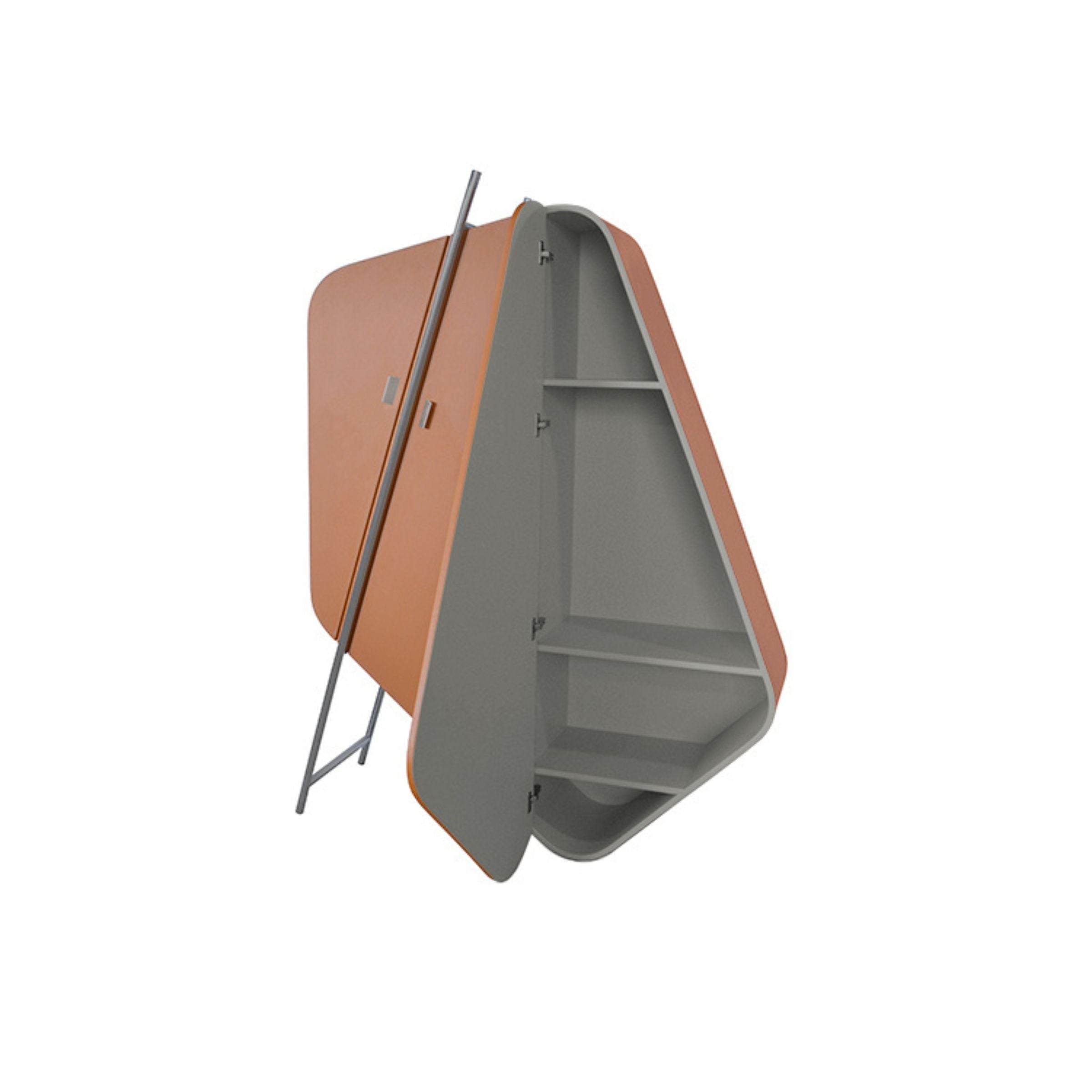 Irregular shape highboard sideboard in orange saddle leather with stainless steel accents, designed by BEACON.