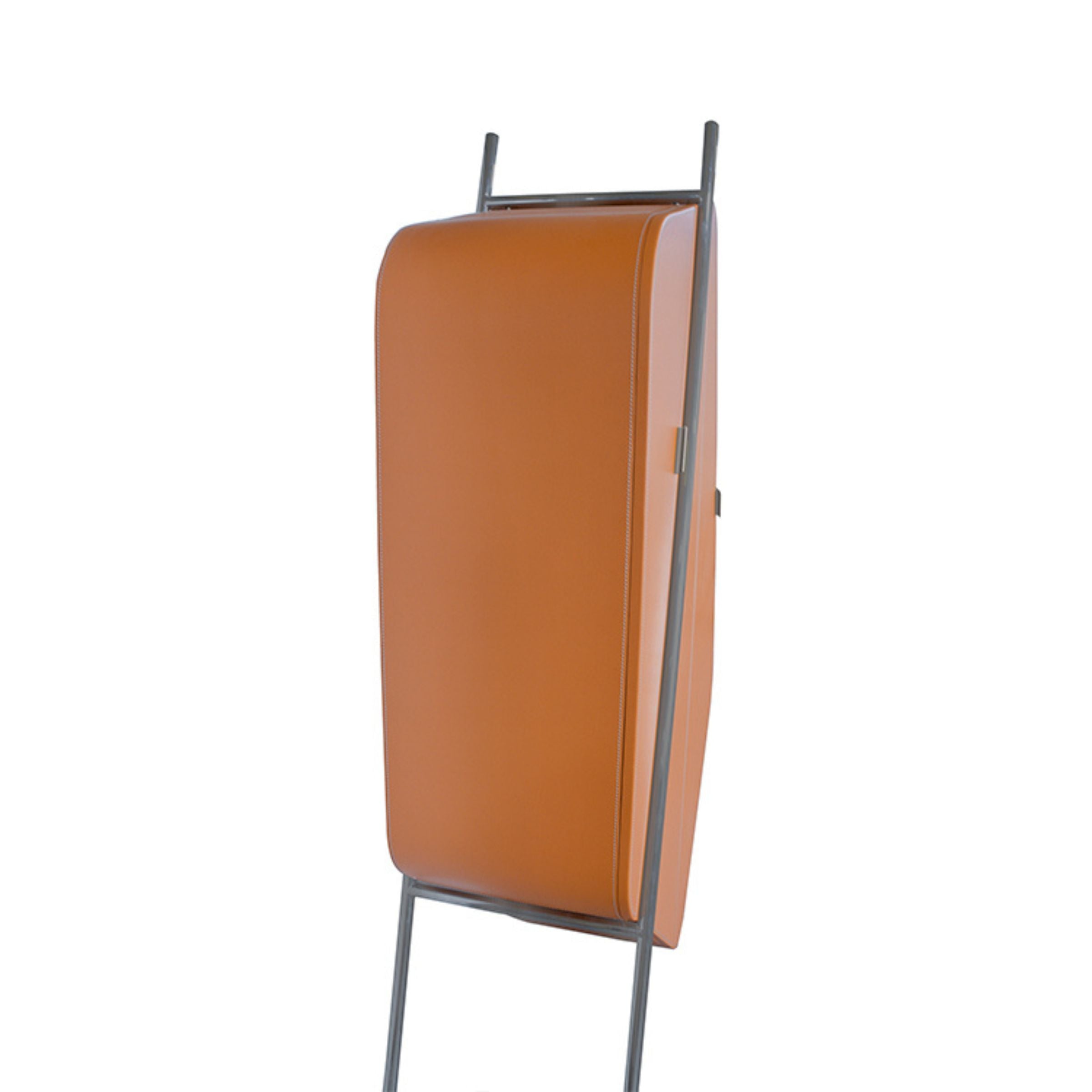 Irregular shape highboard sideboard unit with orange saddle leather and stainless steel accents, designed by BEACON.