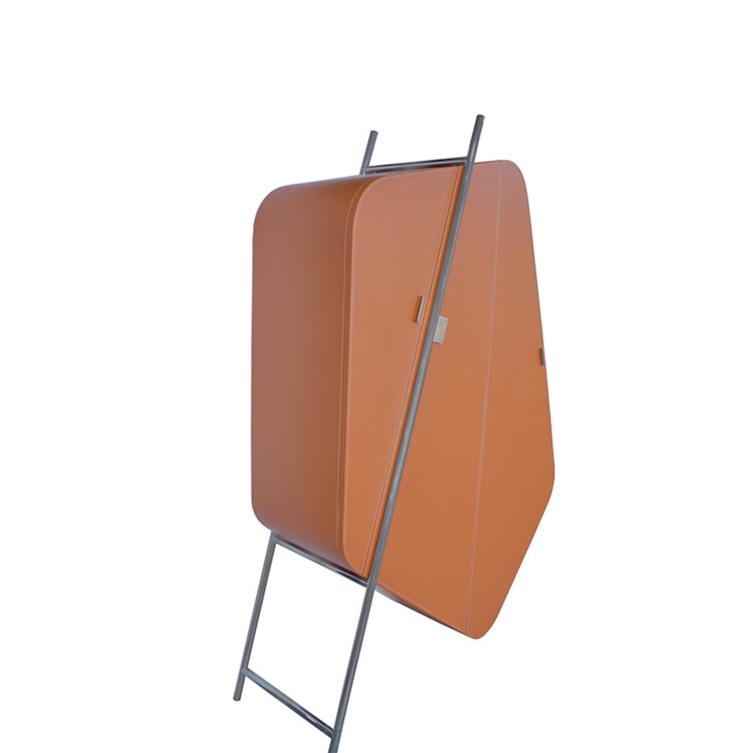 Irregular-shaped highboard sideboard by BEACON, featuring orange saddle leather and stainless steel accents.