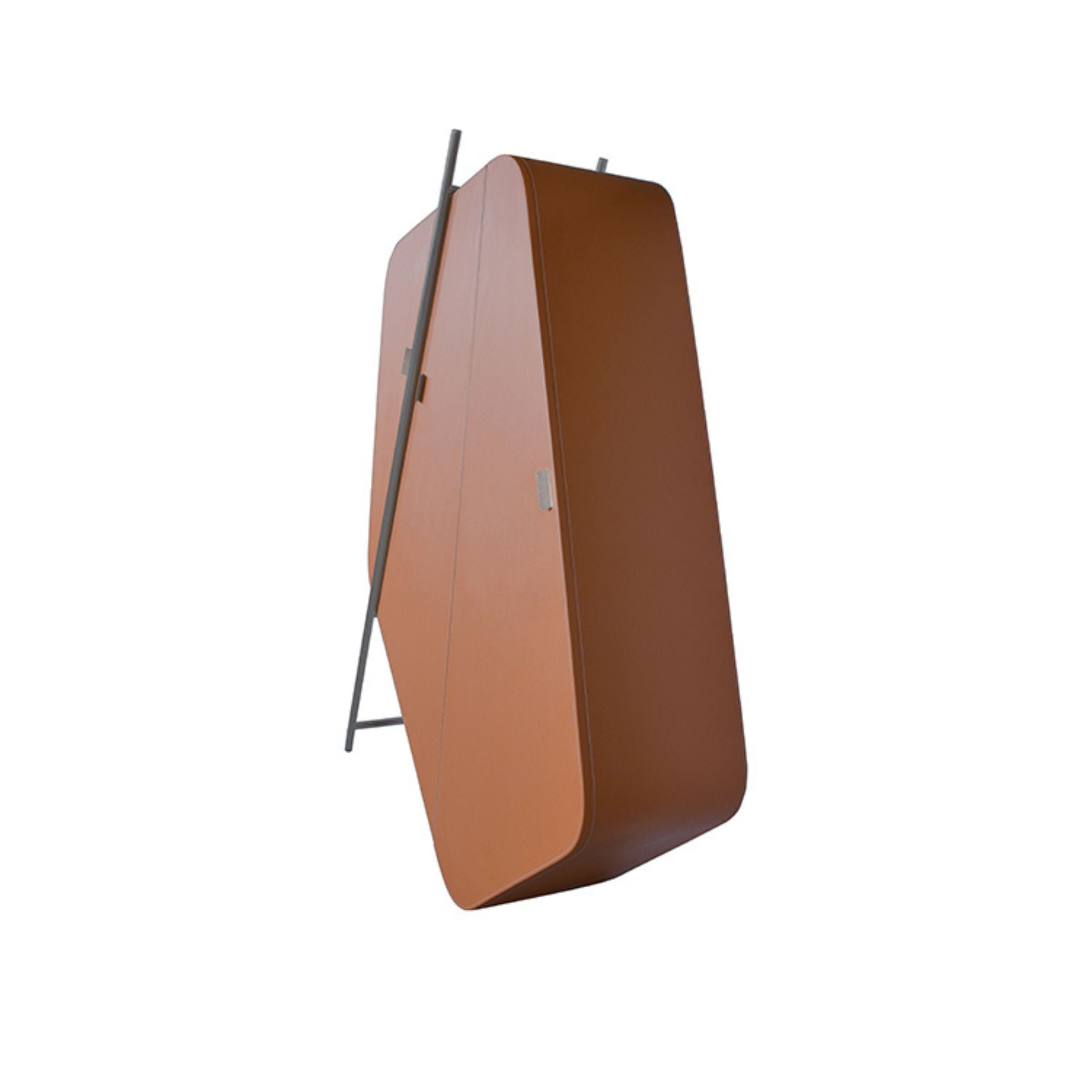 Irregular-shaped highboard sideboard in orange saddle leather with stainless steel accents, modern cabinet by BEACON.