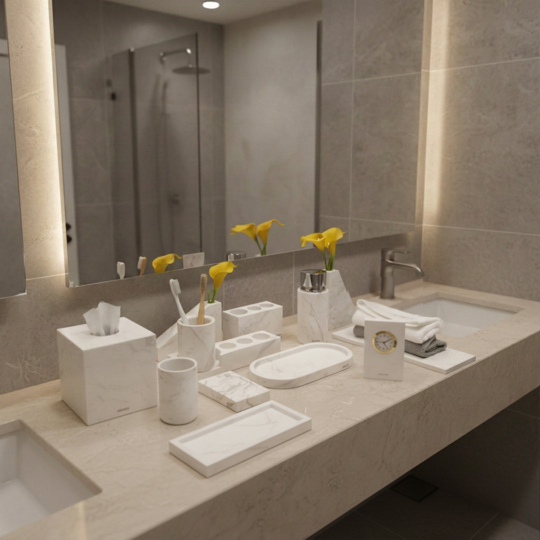 Jazz white marble round mouth cup by BEACON bathroom accessories, featuring elegant marble design and round shape.