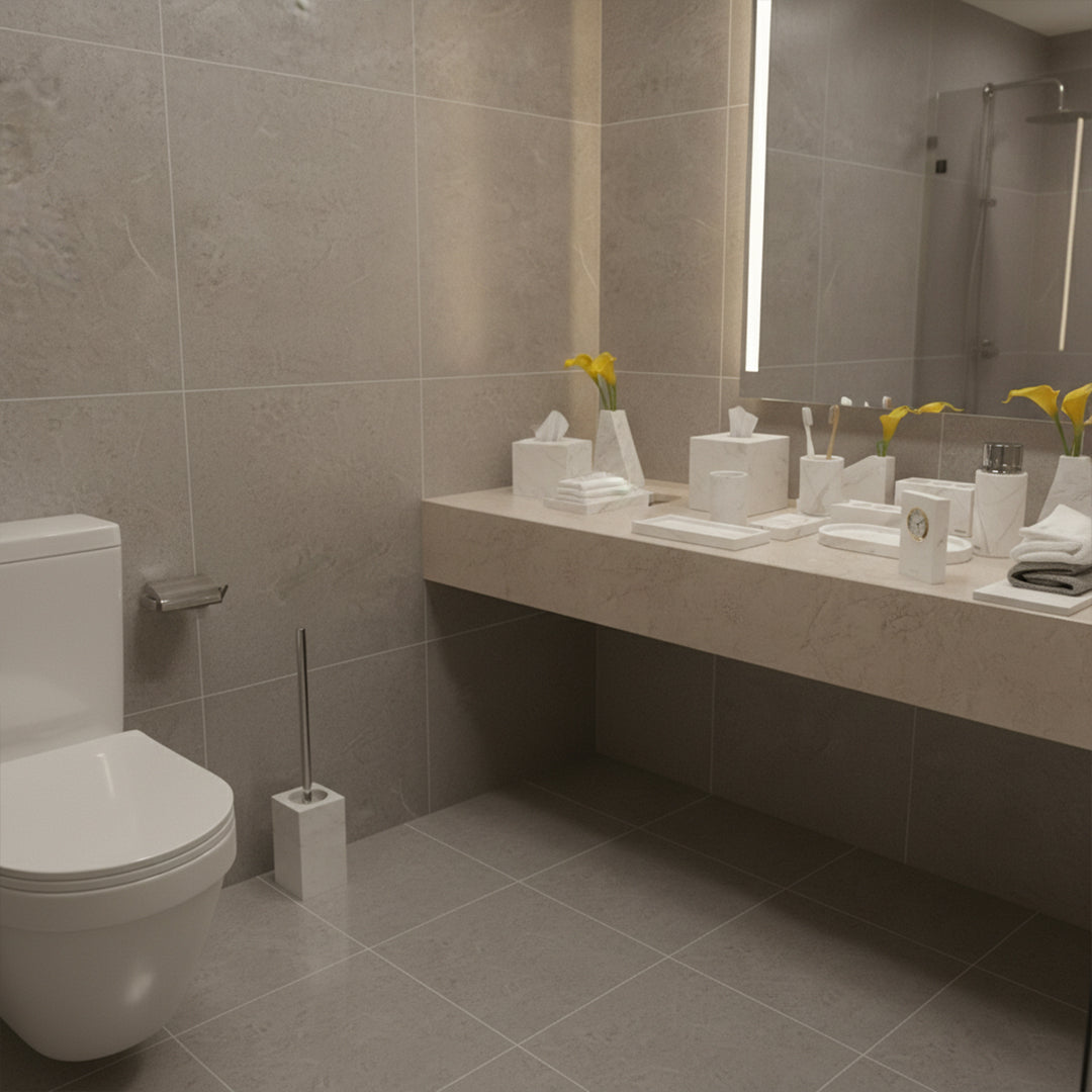 Jazz white marble square toilet brush from BEACON bathroom accessories set, featuring a sleek, modern design.