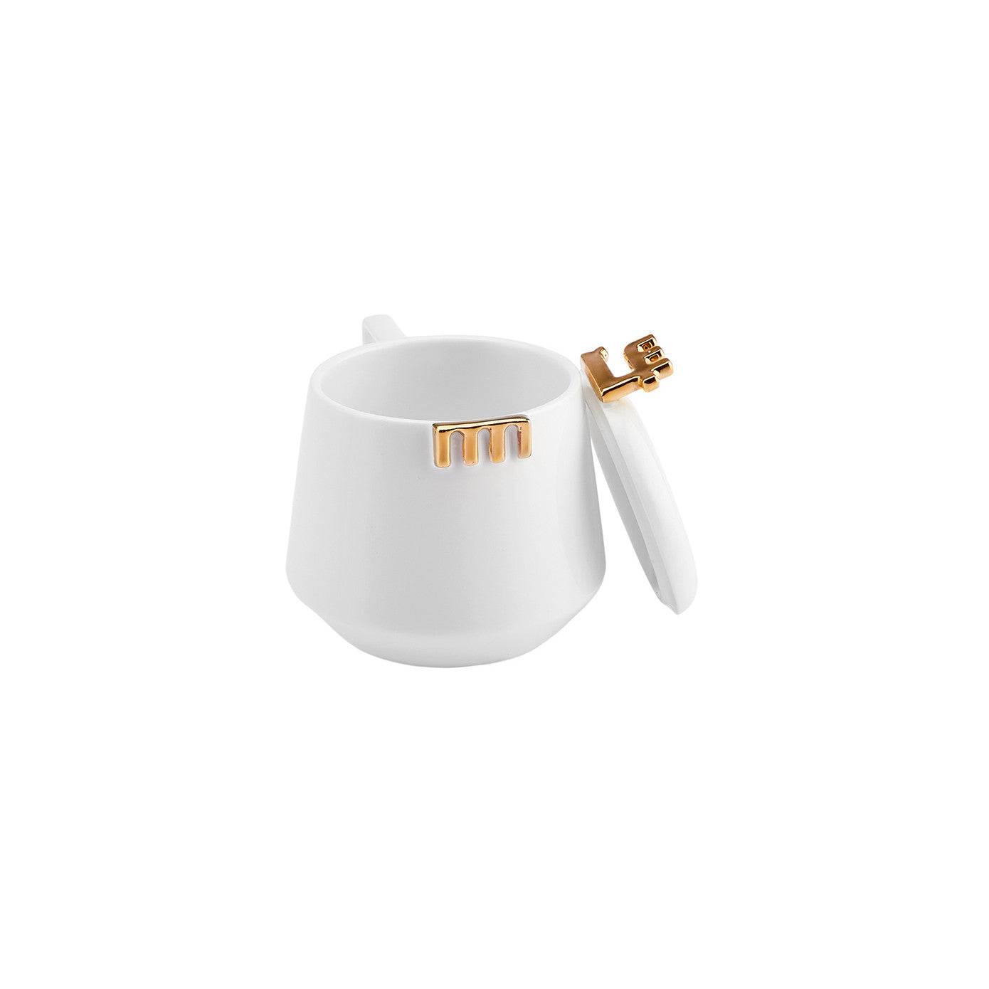 Karaca 50th Year Signature Collection white ceramic mug with lid, 350 ml capacity, featuring elegant design and brand logo.