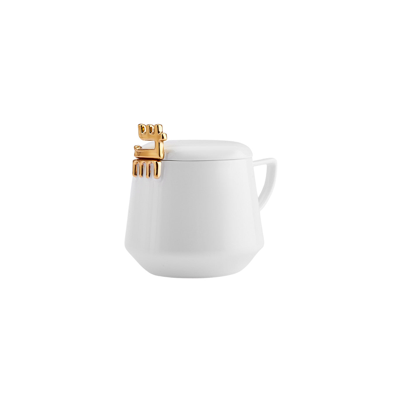 Karaca 50th Year Signature Collection white ceramic mug with lid, 350 ml, featuring elegant design and branding.