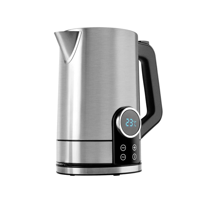 Stainless steel Karaca Circle Inox kettle from KARACA AND KARACA HOME, with a sleek modern design and a black handle.