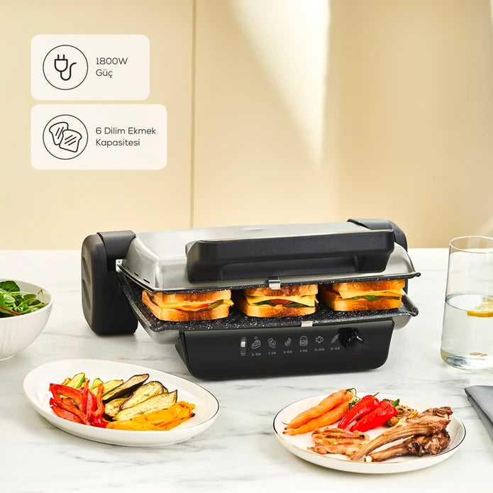Karaca Crust Grill and Toaster in matte cream with 6 slices, kitchen appliance with control knobs on top.
