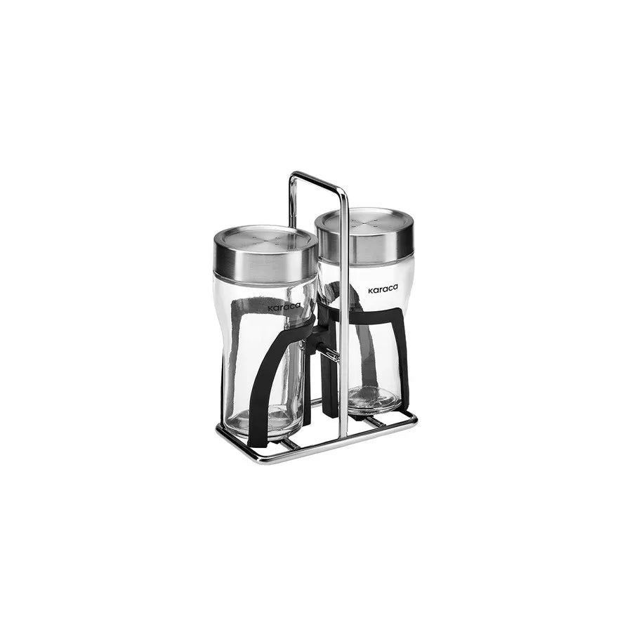 Karaca Danica 2-piece glass salt and pepper shakers with grey lids, 100ml spice set for kitchen seasoning.