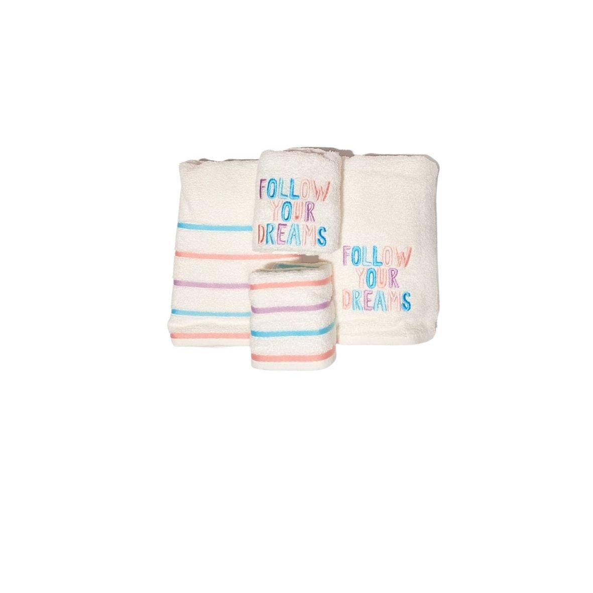 Karaca Follow Your Dreams 4 Piece Embroidered Towel Set 200.19.01.0292 -  Towels | طقم مناشف كاراجا "اتبع أحلامك" 4 قطع - ebarza Furniture UAE | Shop Modern Furniture in Abu Dhabi & Dubai - مفروشات ايبازرا في الامارات | تسوق اثاث عصري وديكورات مميزة في دبي وابوظبي