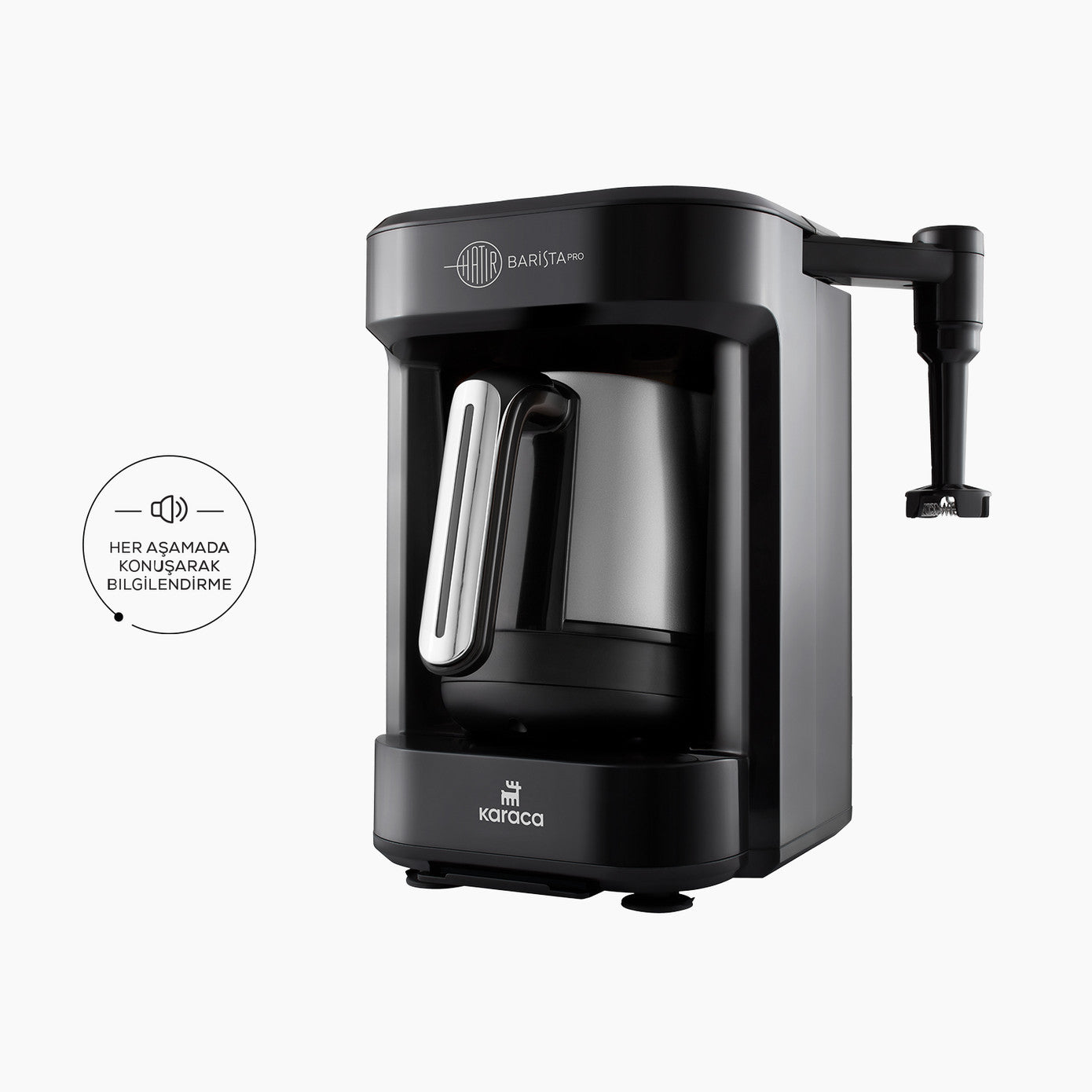 Karaca Hatır Barista Pro Rosegold Turkish coffee and cappuccino machine with digital display and brewing controls in a kitchen setting.