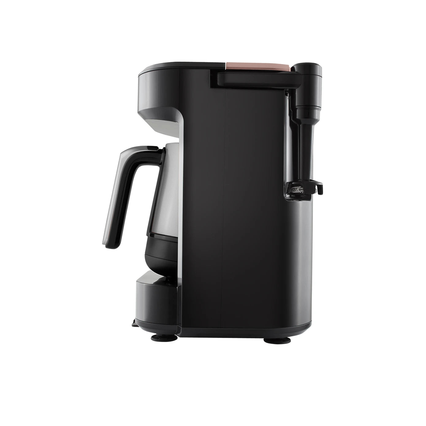 Karaca Hatır Barista Pro talking cappuccino and Turkish coffee machine in rose gold, with digital display and coffee brewing components.