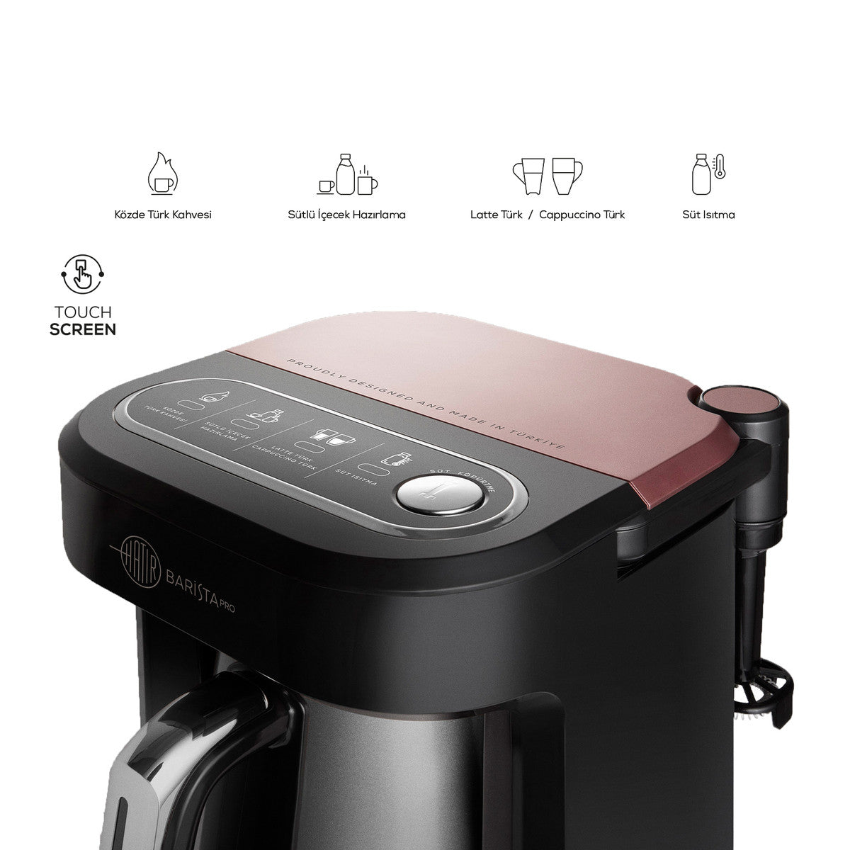 Karaca Hatır Barista Pro rose gold Turkish coffee and cappuccino machine with digital display, kitchen appliance for coffee brewing.