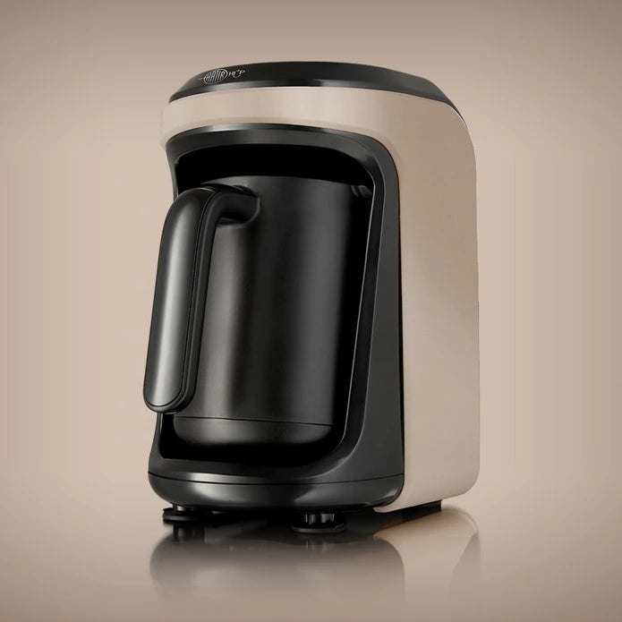 Karaca Hatır Hüp Turkish coffee machine in beige with 5-cup capacity and foam, designed for traditional Turkish coffee brewing.