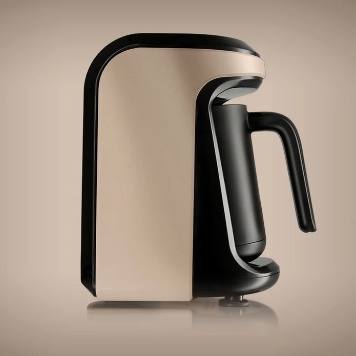 Karaca Hatır Hüp Turkish coffee machine in beige with 5-cup capacity and rich foam, designed for traditional brewing.