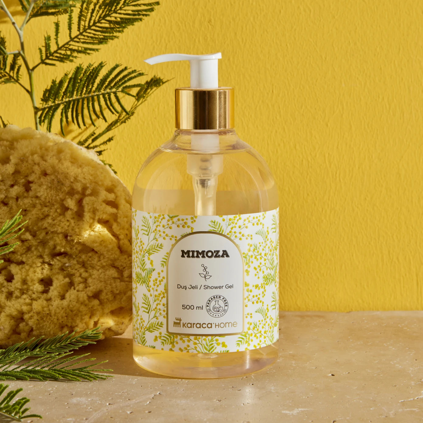 Karaca Home Flower Mimosa Shower Gel 500 ml bottle with floral design and pump dispenser, showcasing the product label.