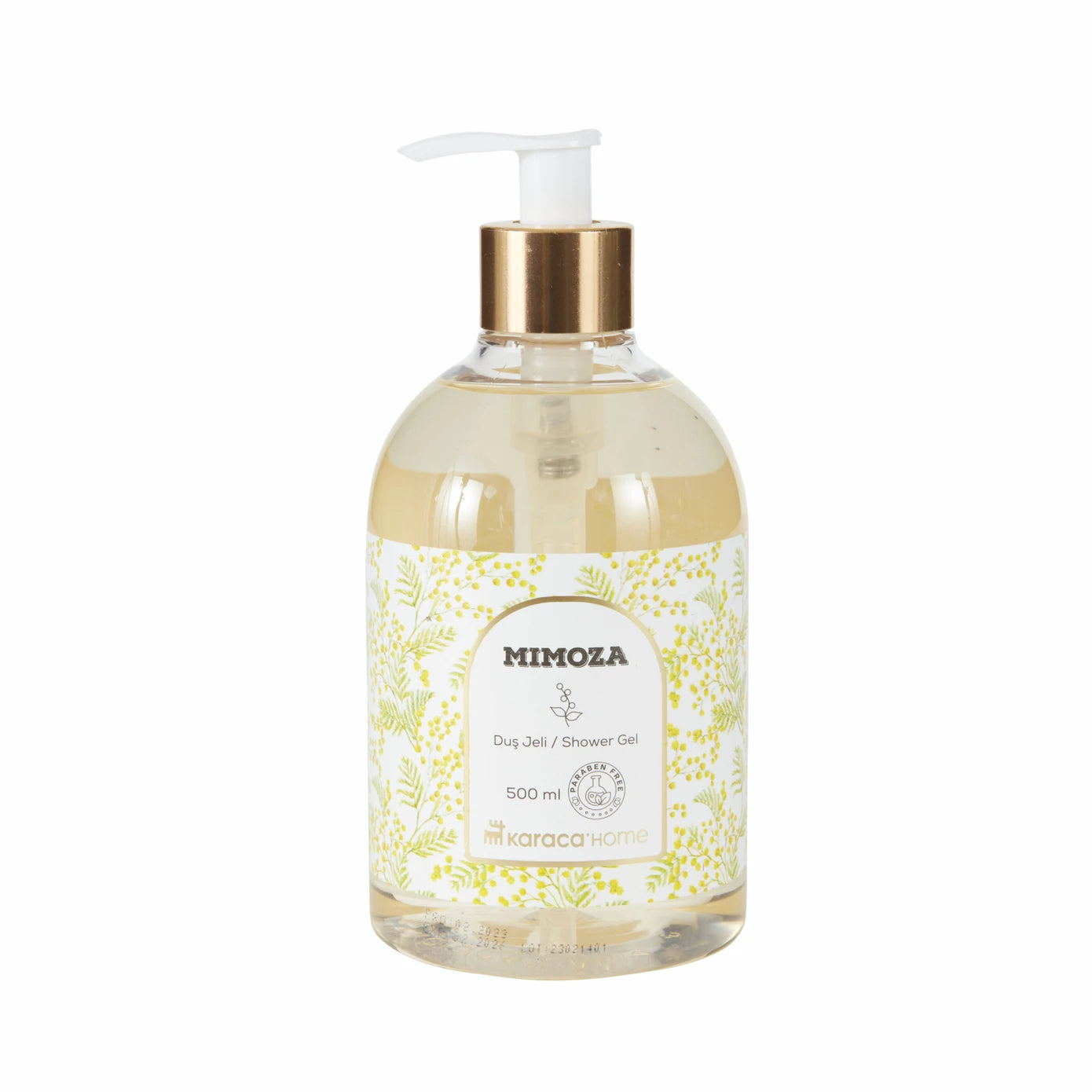 Karaca Home Flower Mimosa Shower Gel 500ml bottle with floral label, featuring a clear plastic container and pump dispenser.