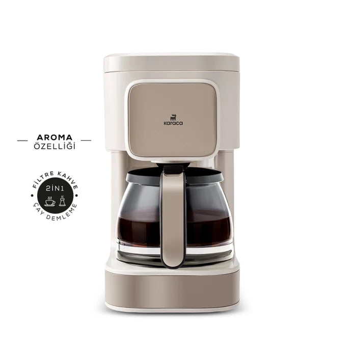 Karaca Just Coffee Aroma 2-in-1 filter coffee and tea brewing machine with latte function, in a modern kitchen setting.