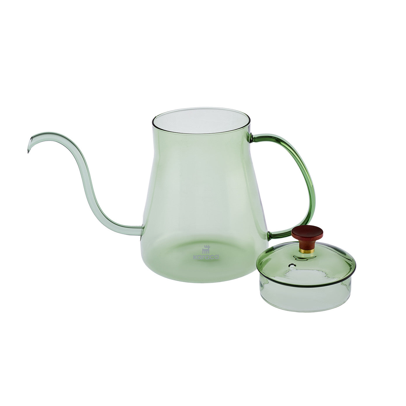 Green Karaca Martina borosilicate glass coffee kettle with 600 ml capacity, featuring a sleek handle and spout for brewing tea or coffee.
