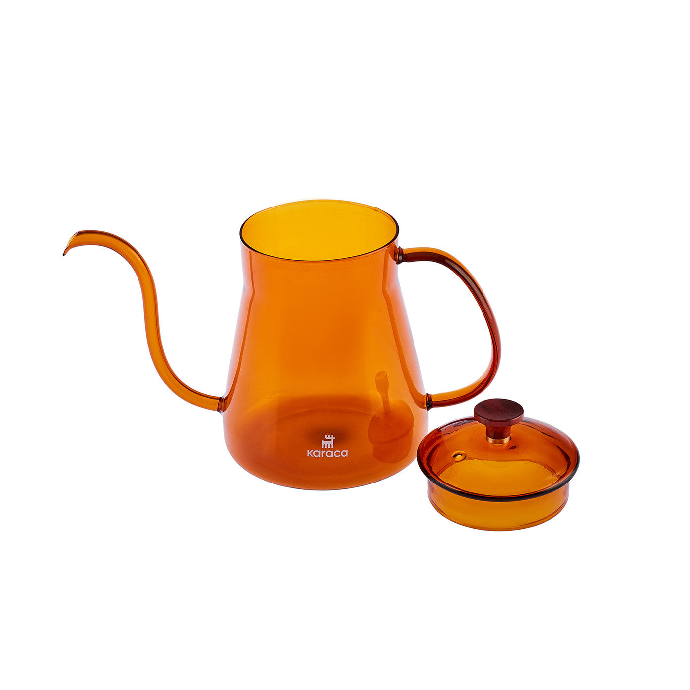 Karaca Martina orange borosilicate glass coffee kettle with 600 ml capacity, view of the kettle with handle and spout.