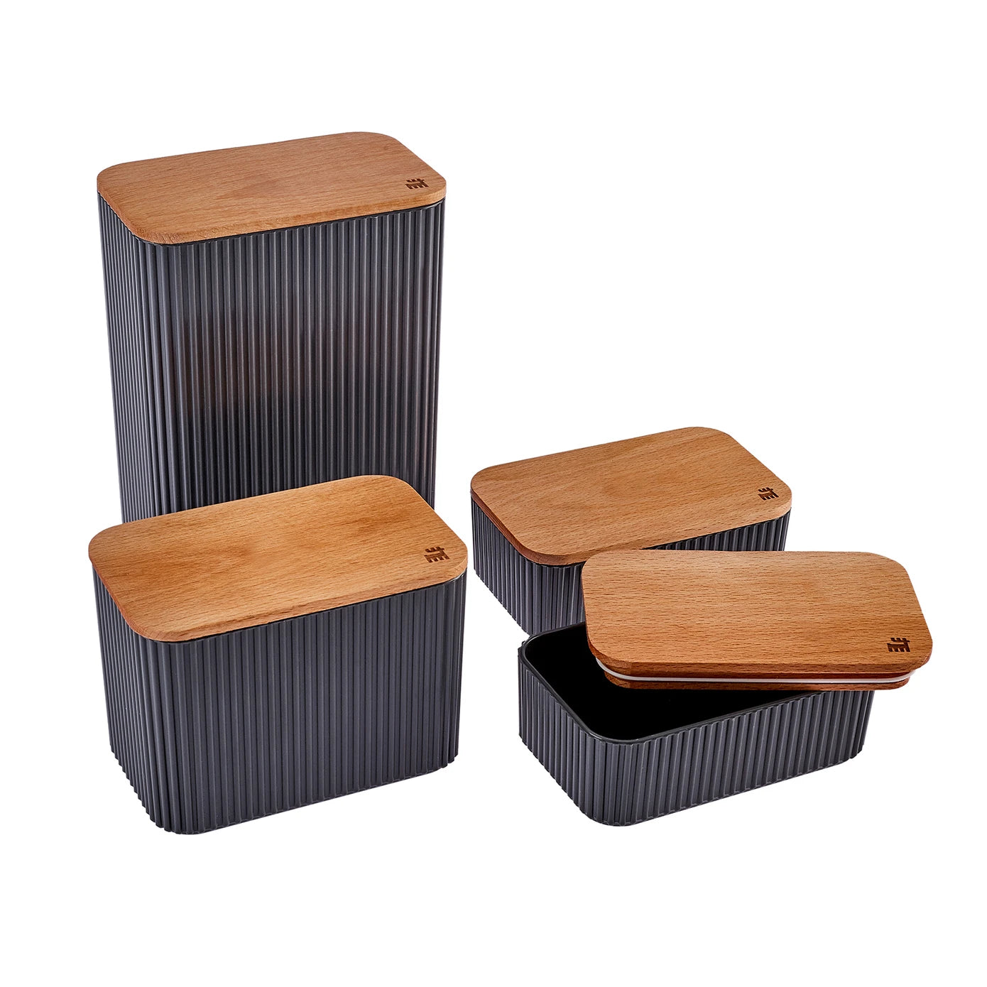Karaca Massimo 4-piece anthracite spice storage box set with clear lids, designed for organizing spices in the kitchen.