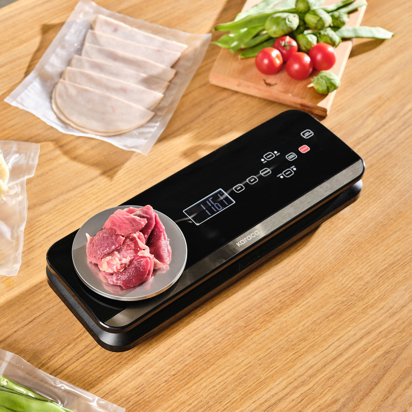Karaca Seal and Fresh Inox weighed vacuum machine for kitchen food preservation, stainless steel design, compact appliance.