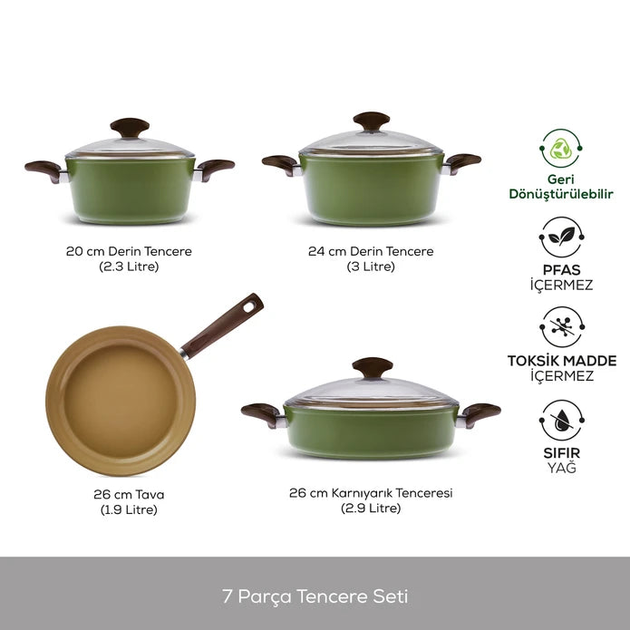 Karaca Swiss Crystal Nature Pro 7-piece cookware set with stainless steel pots and pans, ergonomic handles, and glass lids.