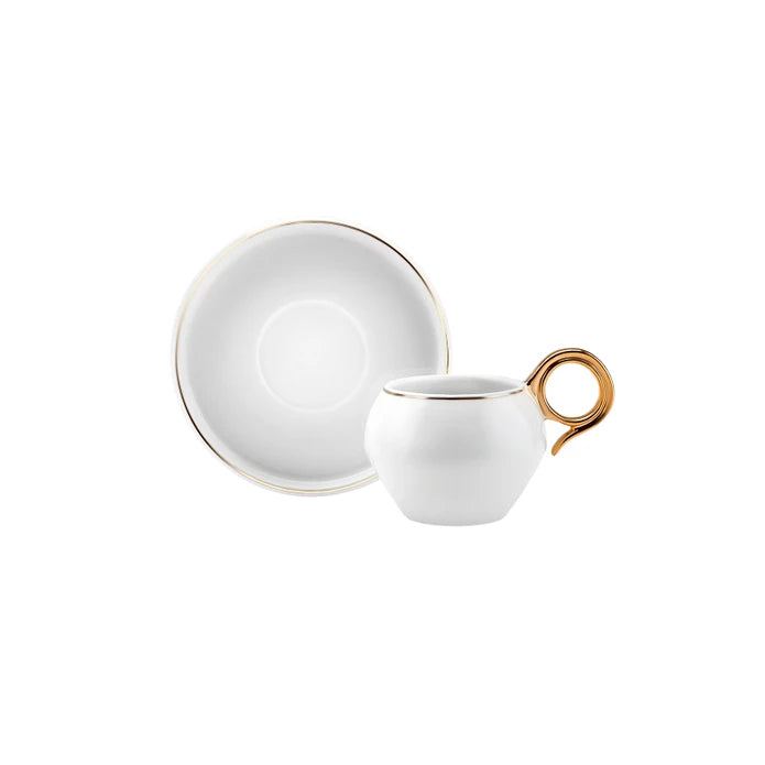 Set of two Karaca Venus Gold coffee cups, 135 ml, with elegant gold accents, perfect for serving coffee in a stylish way.