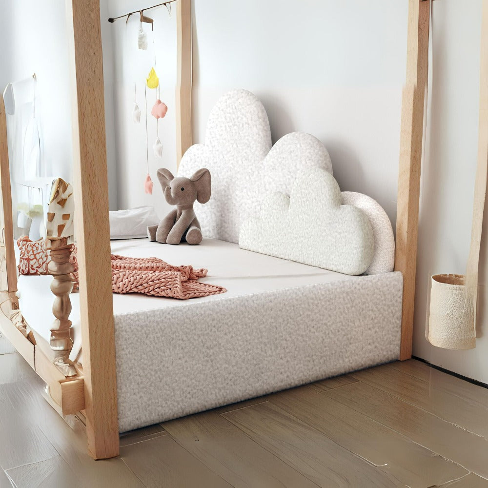 Kids bed with fabric tent and foldable mattress by BEACON, featuring playful design and cozy sleeping space for children.