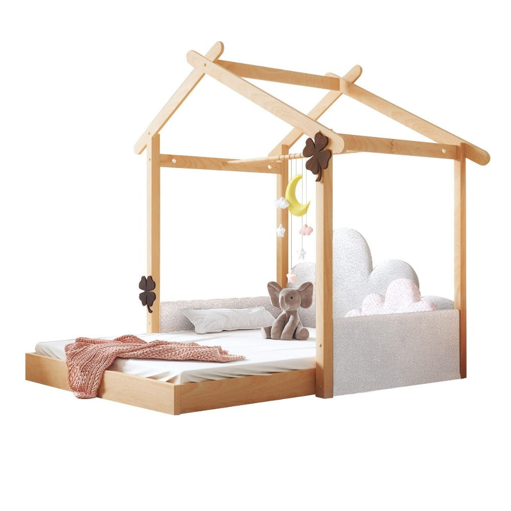 Kids bed with fabric tent and foldable mattress by BEACON, featuring playful design and cozy sleeping space for children.