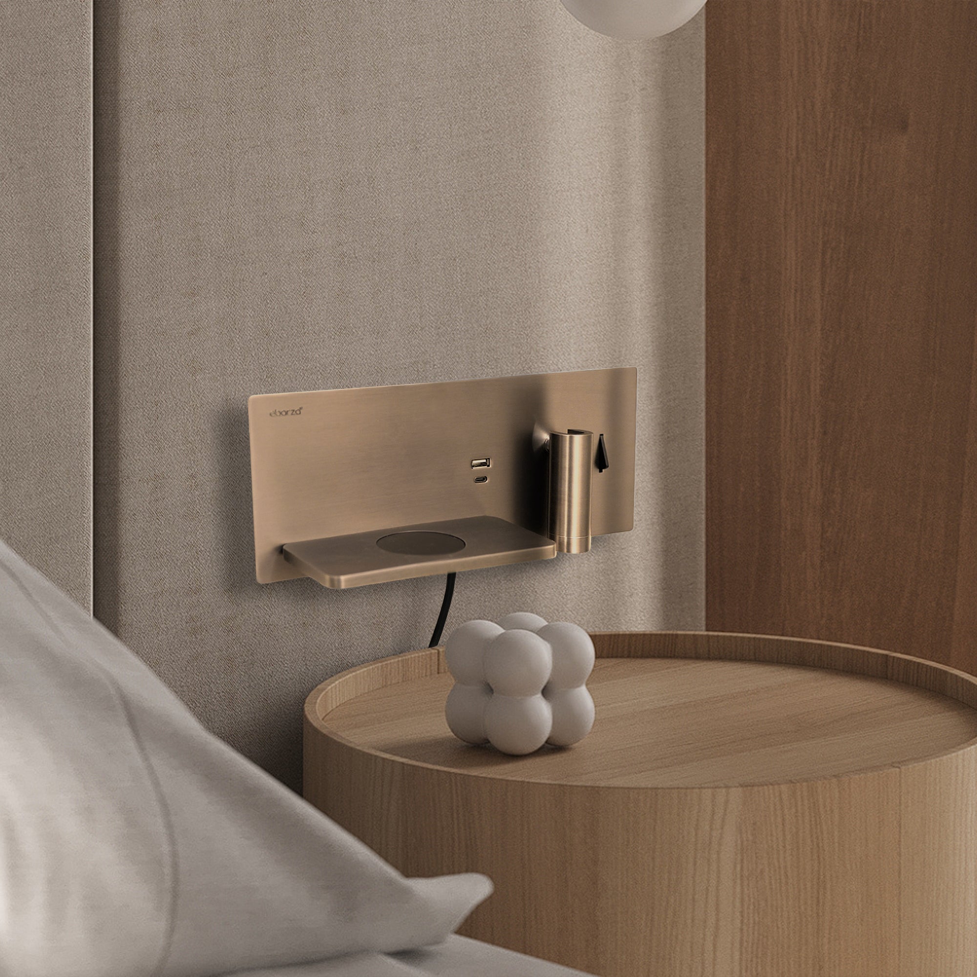 BEACON Kross Hotel Style Wall Reading Lamp mounted on headboard, modern design, adjustable arm for focused lighting.